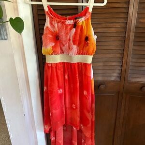 XOXO Women’s Simmer Maxi Dress Orange Floral Knee High Low Dress size Medium